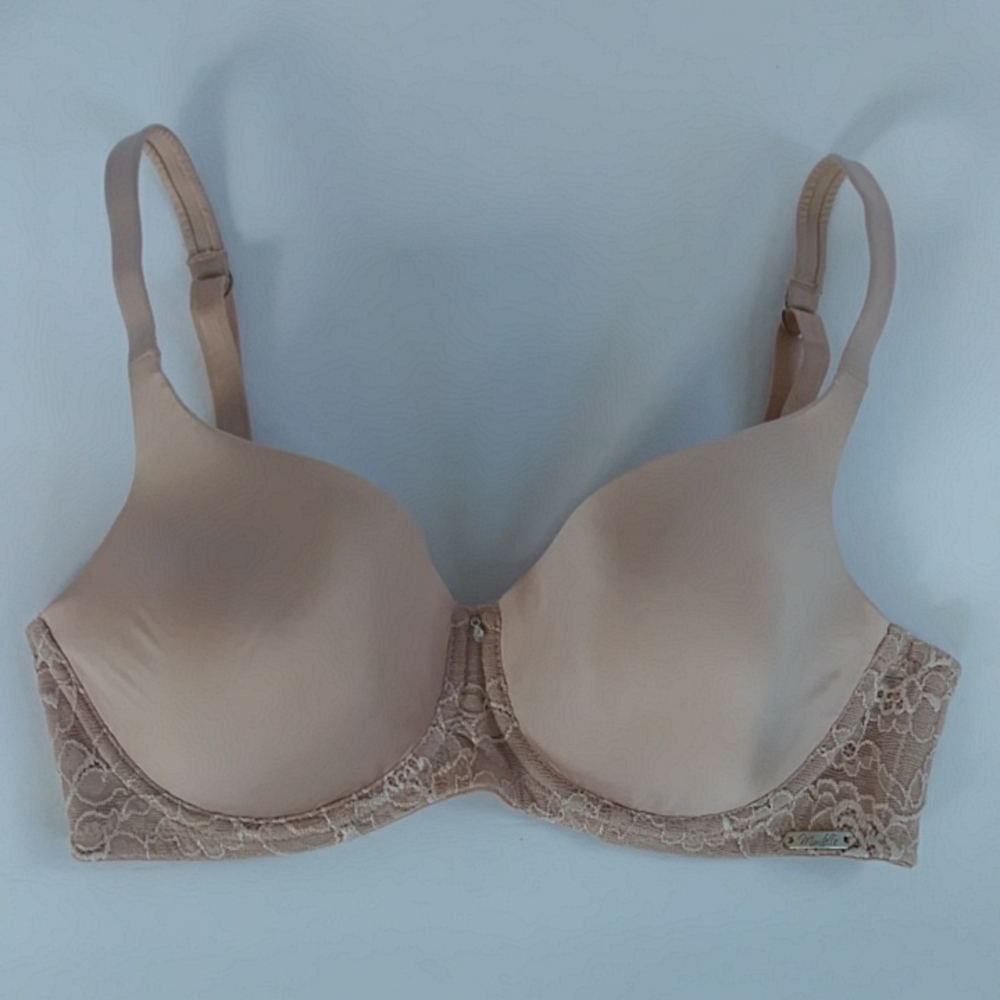 Montelle Lace Crochet Padded Underwire Bra Faux Rhinestone 30E Nude